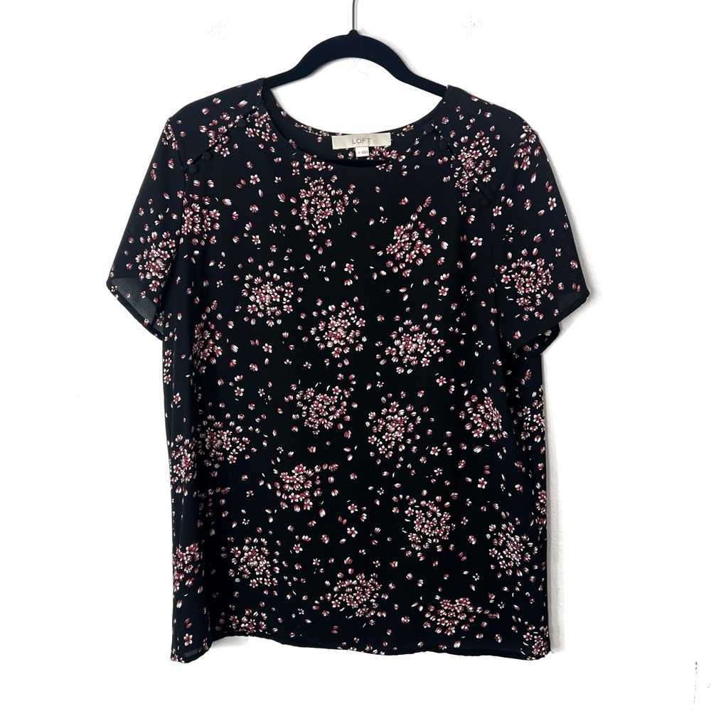 LOFT Black Floral Polyester Pink Blossoms Blouse Top Medium Career Casual